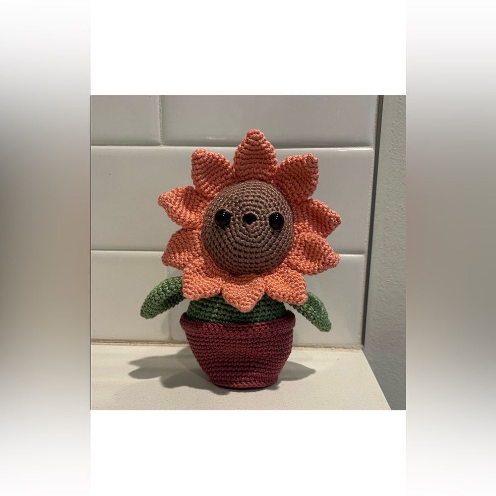 Flower Child Sunflower Bear Hand Crafted Figure and Pot Amigurumi Crochet Decor